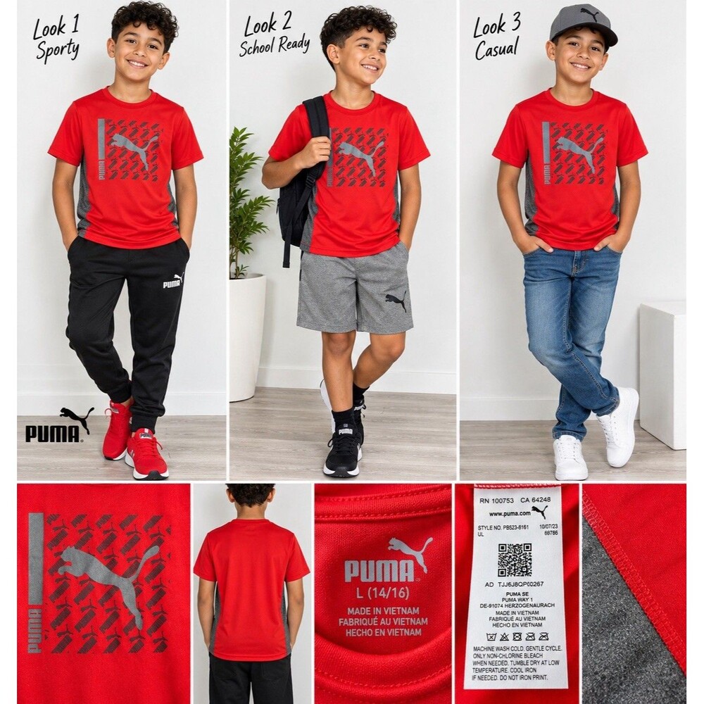 PUMA kid's Red Graphic Logo Cotton Knit Crew Neck Short Sleeve T-Shirt Size L